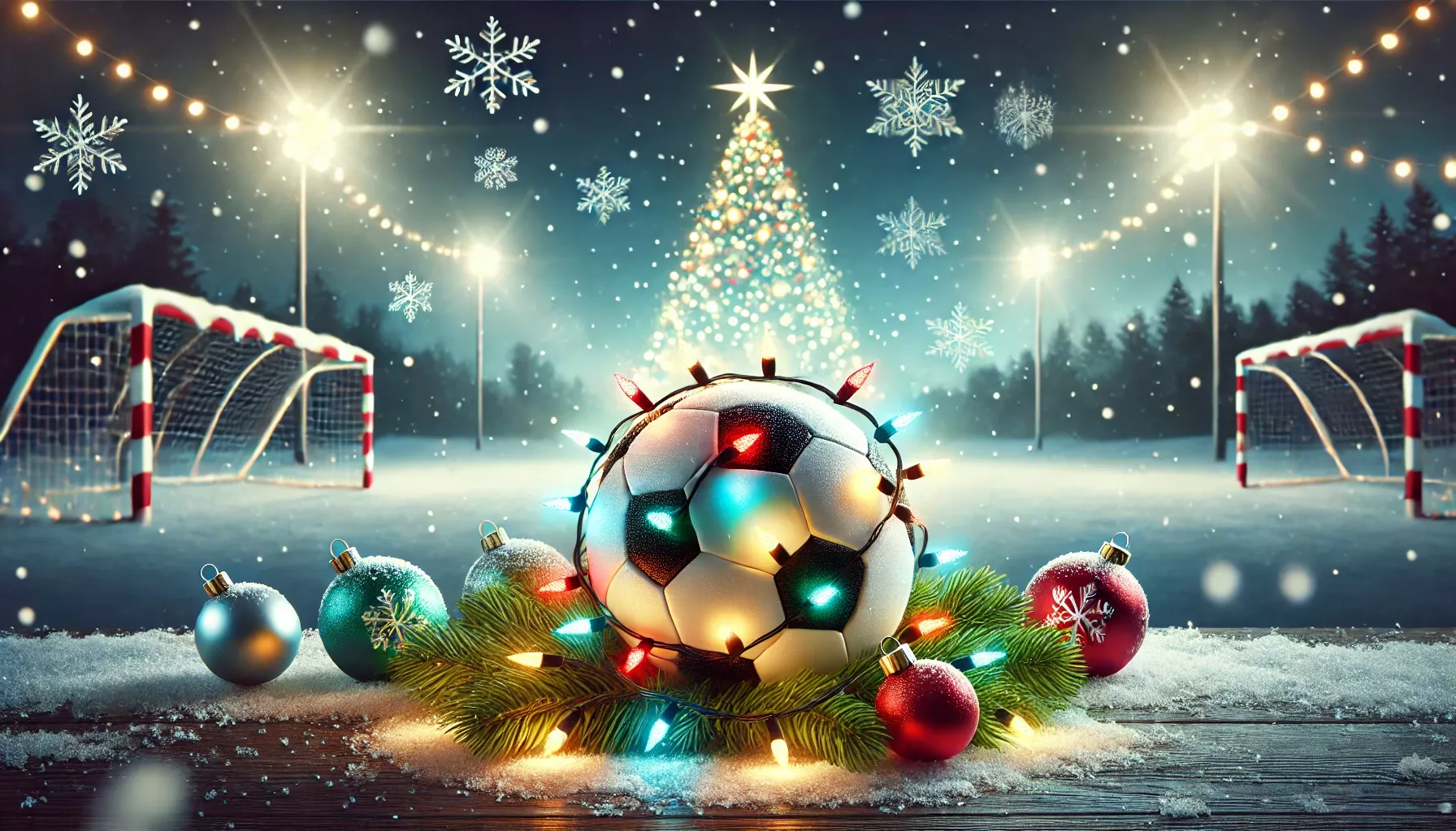 Ein festliches und sportliches Motiv mit Fußball und Weihnachtsdekoration